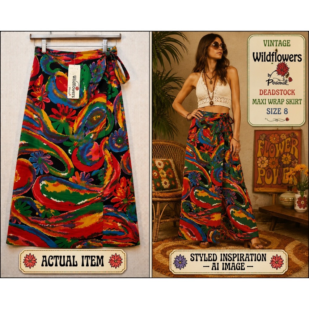 Vintage 70s Personal Wildflowers Psychedelic Wrap Maxi Skirt 8 NWT‎ Deadstock